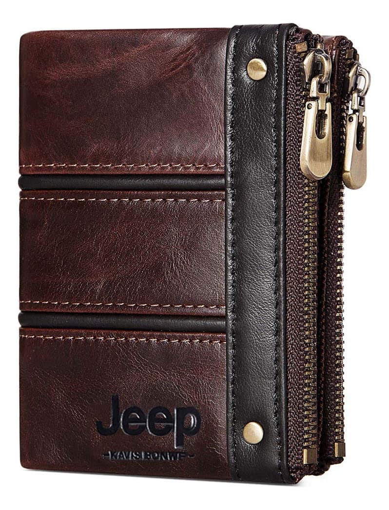 Billetera Jeep Marron Oscuro Cuero Genuino Hombre Mujer Cartera Monedero Seguridad RFID