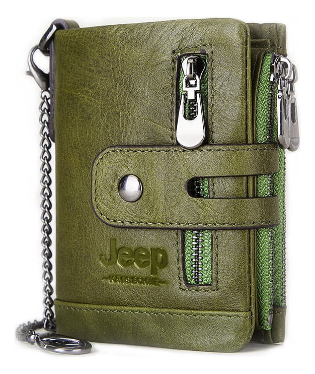 Billetera Jeep Verde Hombre Mujer 100% Cuero Genuino Seguridad RFID Cartera Monedero