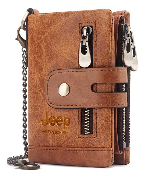 Billetera Jeep Marron Claro Hombre Mujer 100% Cuero Genuino Seguridad RFID Cartera Monedero