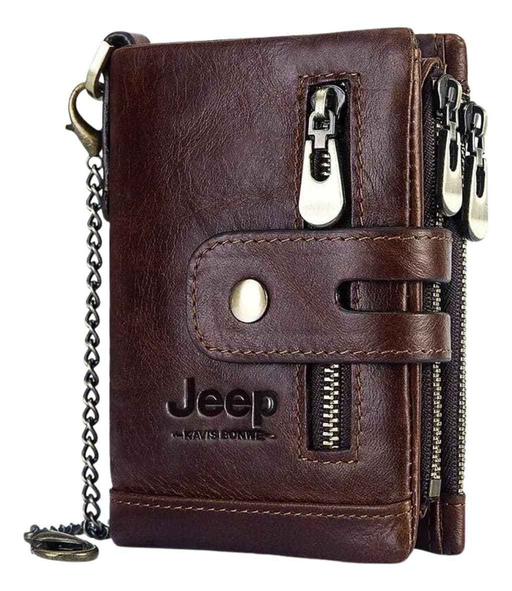 Billetera Jeep Marron Cafe Hombre Mujer 100% Cuero Genuino Seguridad RFID Cartera Monedero