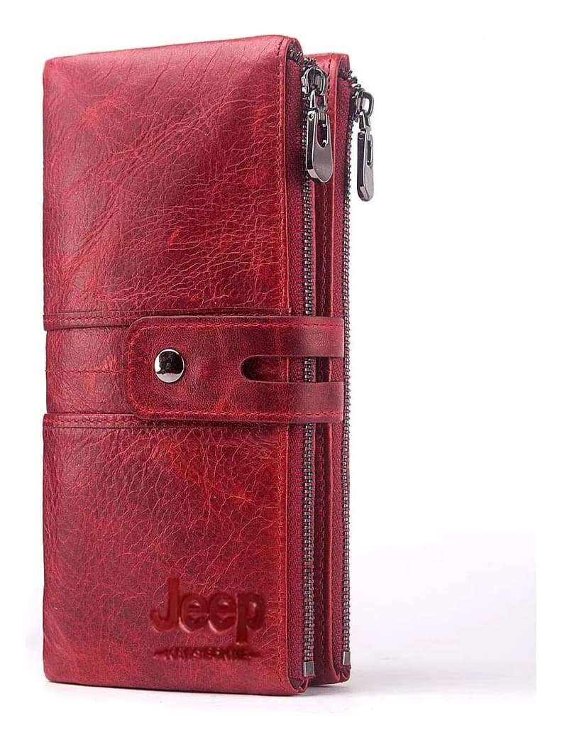 Billetera Alargadas Jeep Roja Cuero Genuino Italiano Rfid Mujer Cartera Monedero