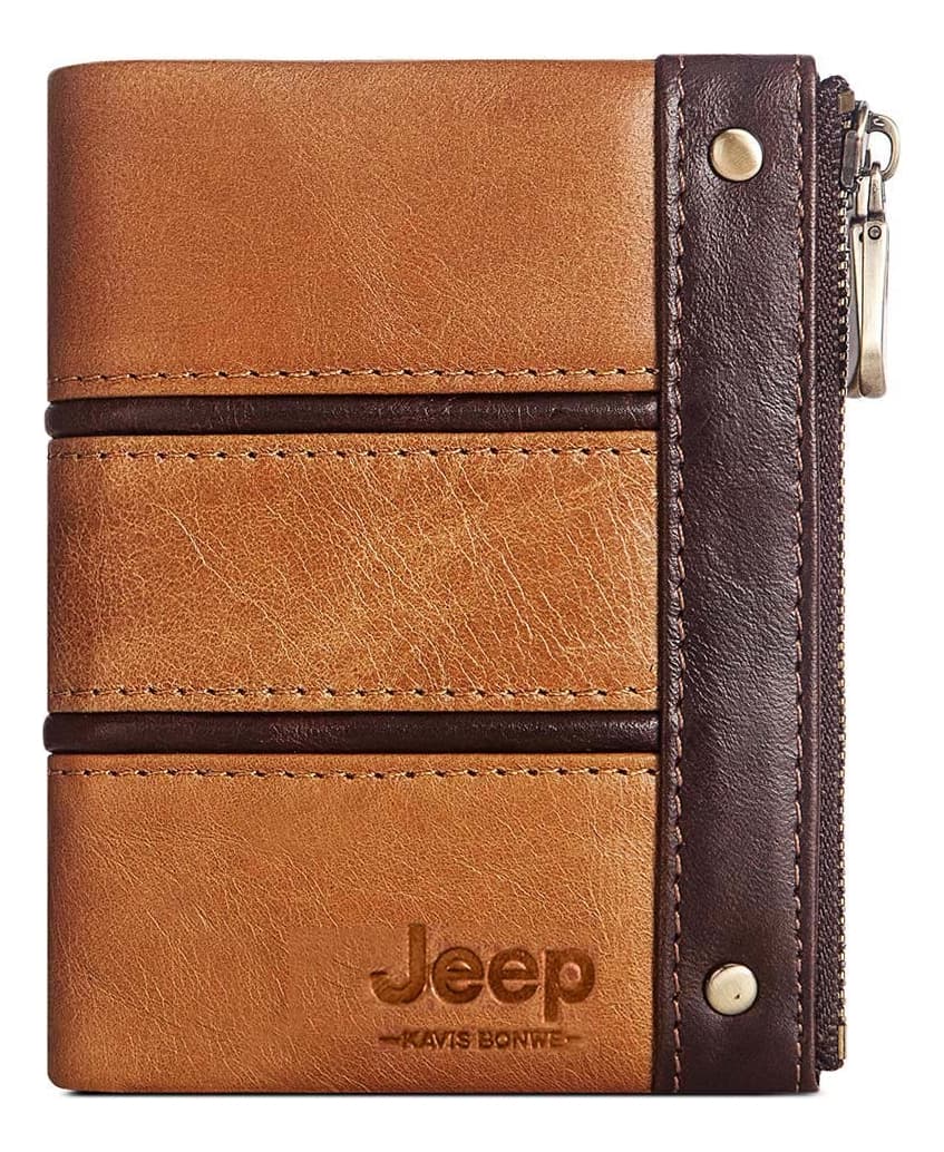 Billetera Jeep Marron Claro Cuero Genuino Hombre Mujer Cartera Monedero Seguridad RFID