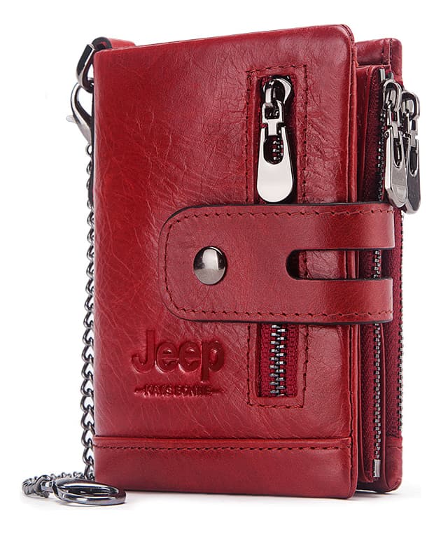 Billetera Jeep Roja Hombre Mujer 100% Cuero Genuino Seguridad RFID Cartera Monedero